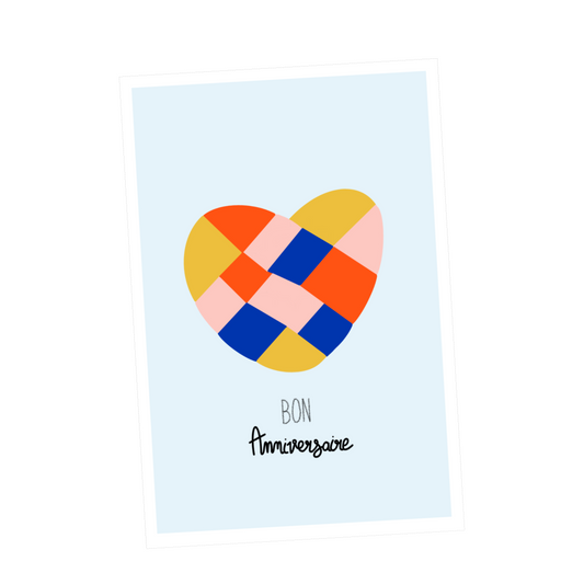 Carte BON ANNIVERSAIRE "coeur patchwork jaune"