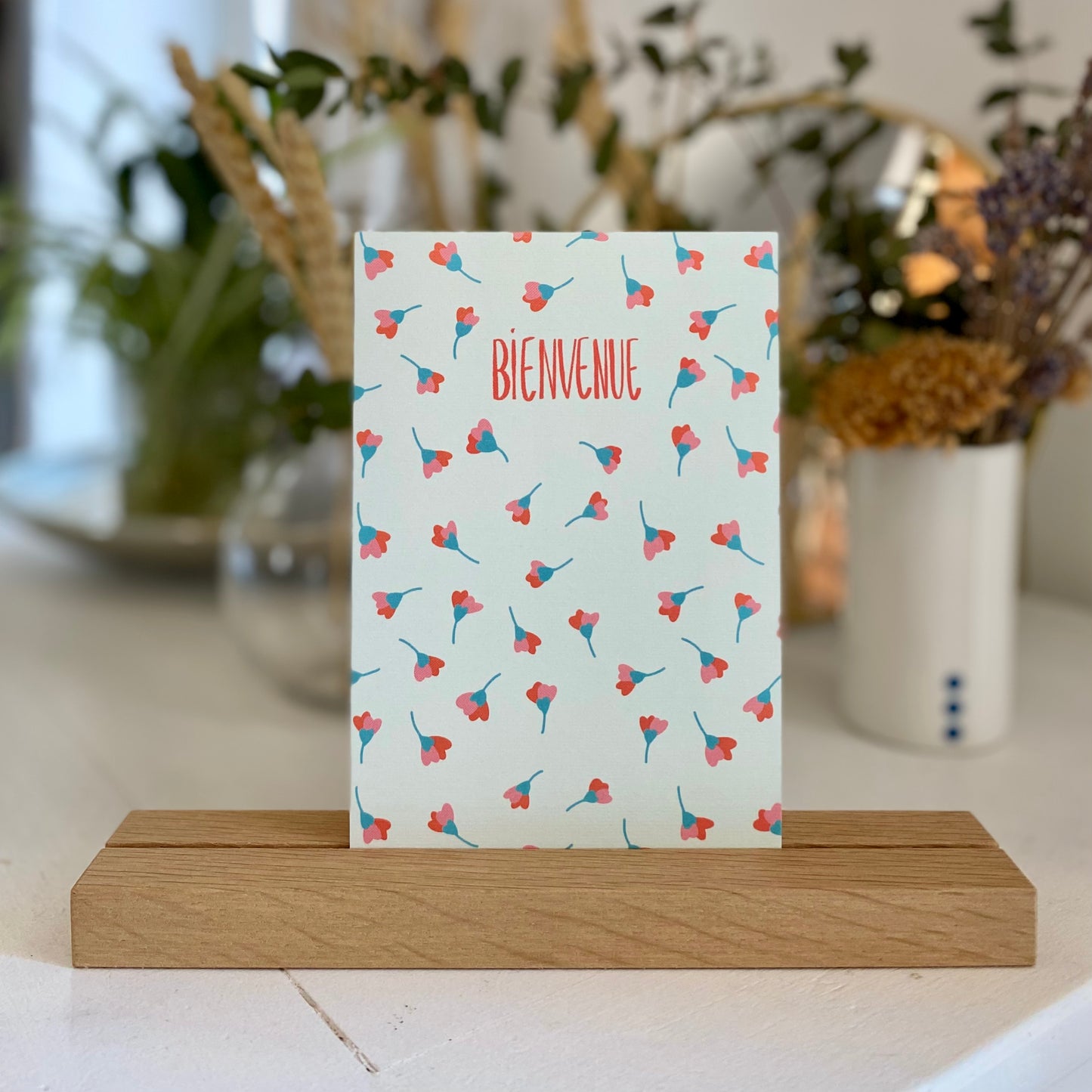 Carte BIENVENUE "fleurs de cœurs verts"