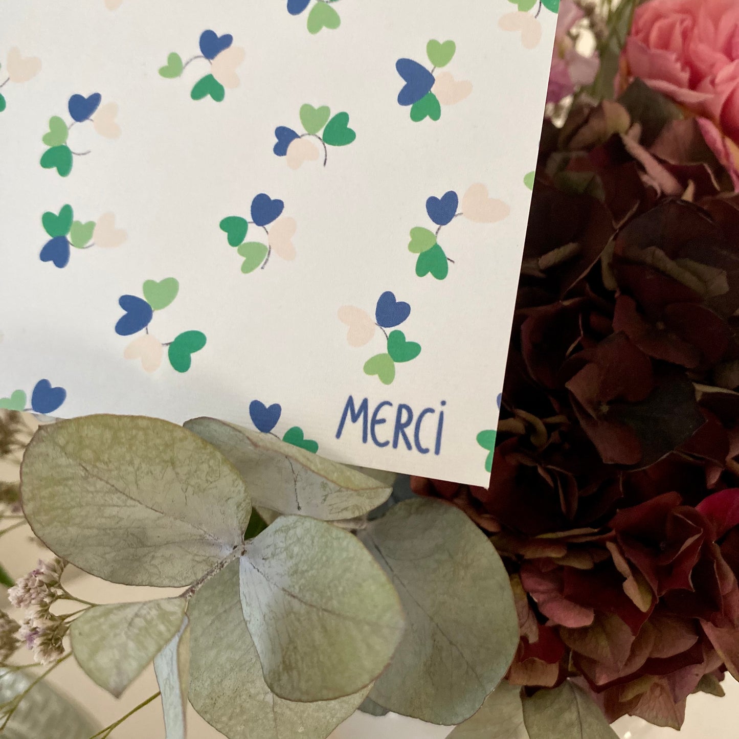 Carte MERCI " trèfles de cœur"