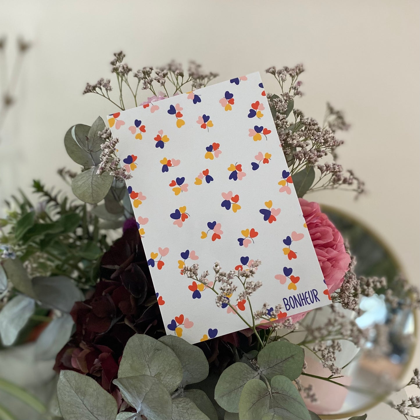 Carte BONHEUR " trèfles de coeur"