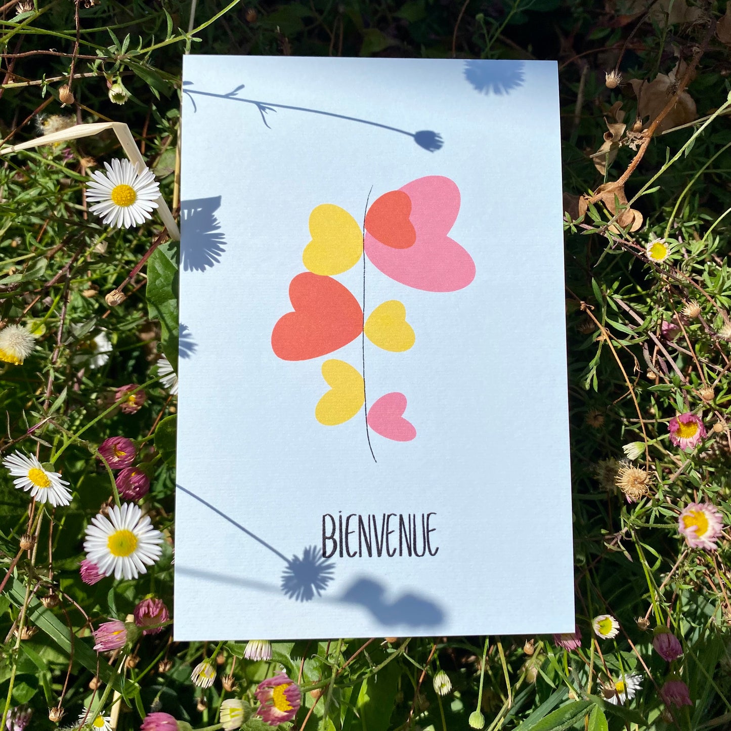 Carte BIENVENUE "tige cœurs roses"