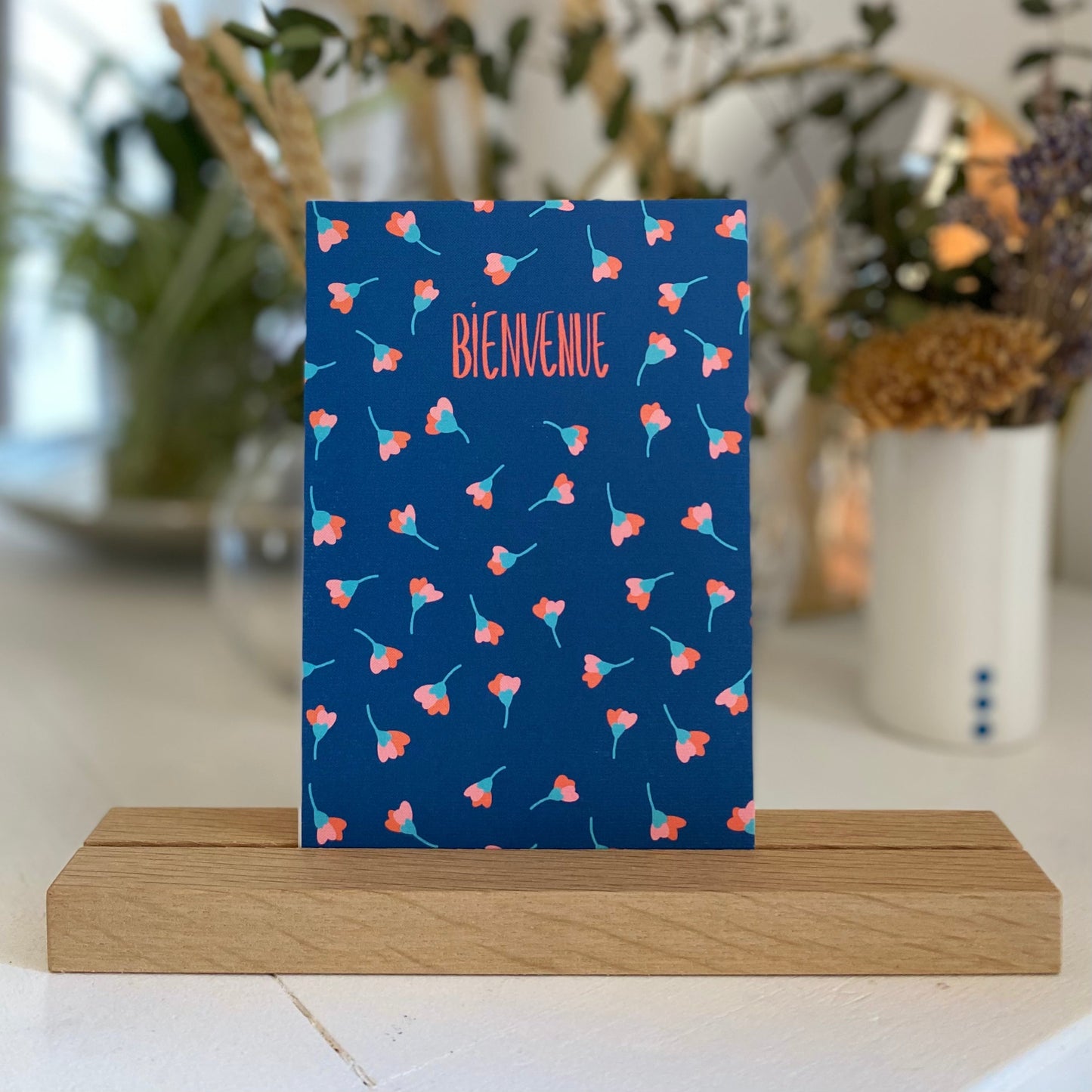 Carte BIENVENUE "fleurs de coeurs bleus"